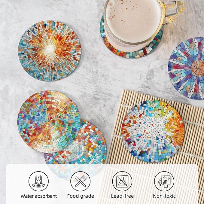 Coasters Set of 6, Coasters for Drinks Absorbent Stone with Holder, Colorful Glass Ceramic Drink Coaster for Tabletop Protection, Coffee Table Decor Ideal for Home Decor House Warming Gifts