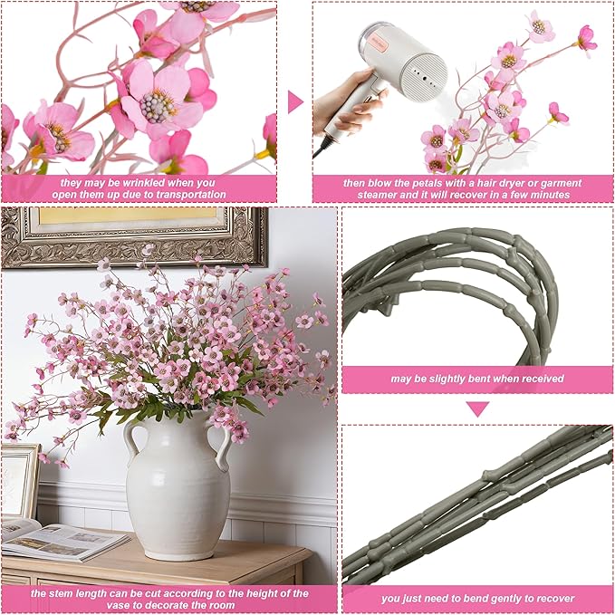 florisso Artificial Wild Flowers Indoor, 12 Pcs Long Stems Fake Flowers Pink Silk Faux Flowers for Vase Filler Table Centerpiece Floral Arrangement Home Decor, Pink