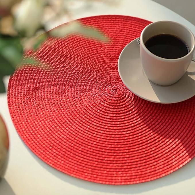 FunWheat Round Braided Placemats Set of 4 Place Mats for Dining Tables Woven Washable Non-Slip Table mats Small 13 inch(S Red, 4pcs)