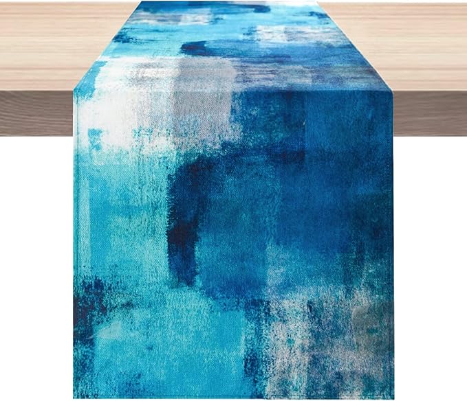 Turquoise Table Runner Teal Abstract Modern Art Painting Blue Table Linen for Farmhouse Kitchen Dining Parties Home Decor 13 x 108 Inch