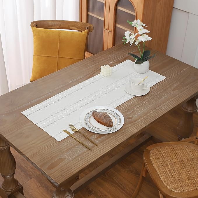 Gernaice Boho Table Runner, Rustic Cotton Linen Farmhouse Table Runners for Dresser End Coffee Table Home Decor, 36" L X 13" W Ivory