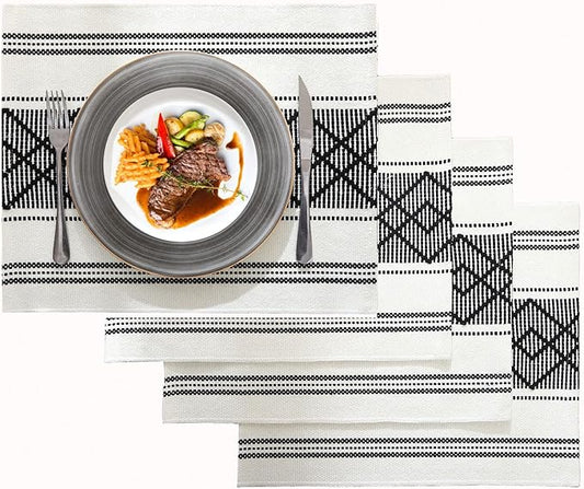 Elegant Thick placemats for Dining Table Decor Farmhouse Heat Resistant Table Place mats Set of 4 Quality Woven Cloth Placemats Washable Dinner mats (Black, 4)