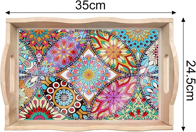 Generic DIY Diamond Serving Tray Rectangular Upgrade Increase Breakfast Tray with Handles Handmade Diamond Art Painting Wooden Tray Dinner Plate for Coffee Living Room Home Organizer-Mandala01
