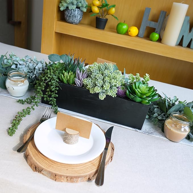 Winlyn 14" Artificial Succulent Plants Arrangement Assorted Faux Succulents in Rustic Black Rectangular Wooden Planter Box Faux Potted Plant Decor for Farmhouse Home Windowsill Shelf Table Centerpiece