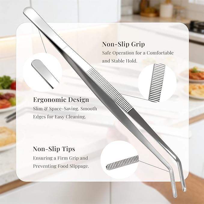 Kitchen Tweezers Tongs Set of 4, Stainless Steel Cooking Utensils, Straight & Bent Tip, Chef Tools (7.9″+ 9.8″+11.8″)