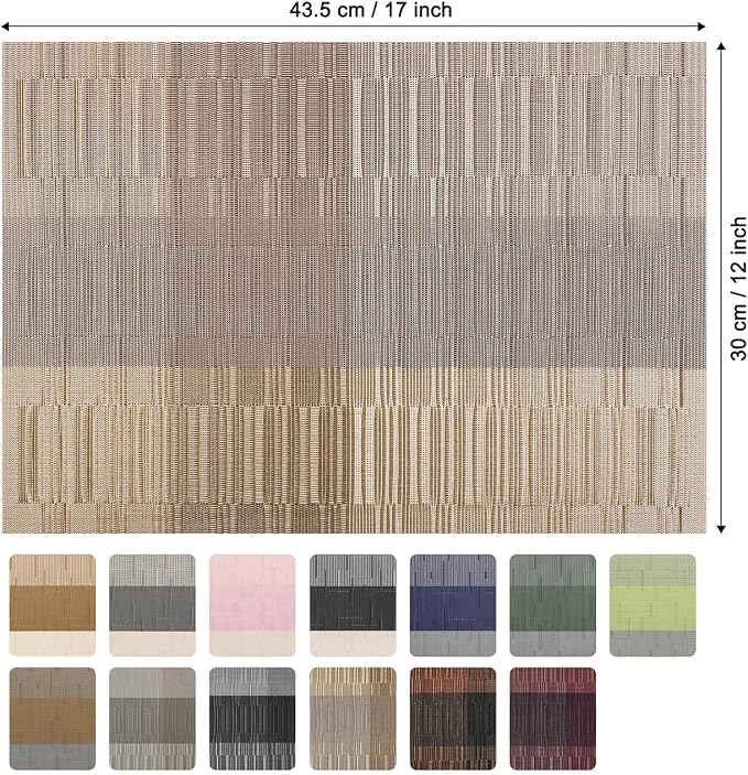 Placemats Set of 6, Vinyl Woven Place Mats Indoor Set of 6 Washable Wipeable PVC Table Mats Heat-Resistant Non Slip Plastic Placemat for Kitchen Dining Outdoor Table (Gray Gold, Set of 6)