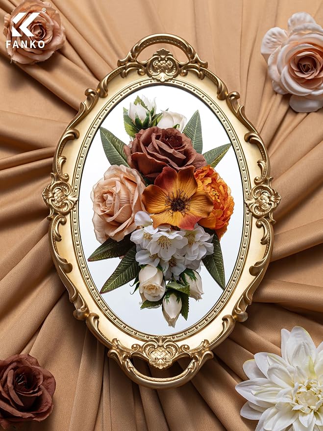 FANKO Artificial Flowers for DIY, Brown Burnt Orange White Faux Flowers Bouquet, Colorful Fake Rose Dahlia Ranunculus Silk Flowers for Vase, Home Decor, Garland, Summer Wedding, Birthday, Party