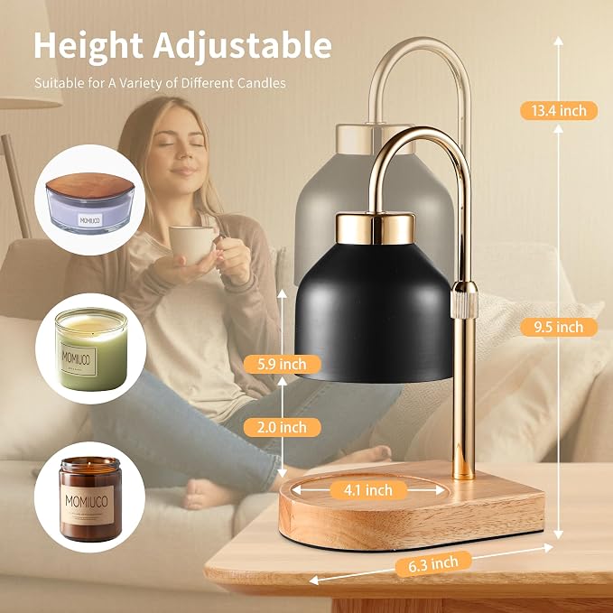 Candle Warmer Lamp with Timer, Height Adjustable Wax Melt Warmer | Modern retro black glass shade, wood base, aesthetic home decor, birthday gifts for women mom, jar candles dimmer