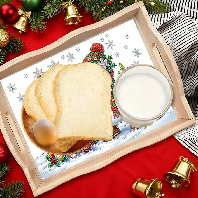 DIY Diamond Art Painting Serving Tray Creative Design Handmade Wooden Rectangular Snack Tray Dinner Plate Drill Craft for Coffee Living Room Home Organizer-Snowman