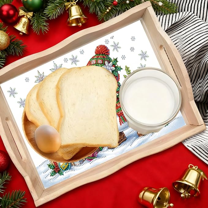 DIY Diamond Serving Tray with Handle Handmade Gem Painting Wooden Rectangular Breakfast Tray for Dinner Plate Coffee Room Living Home Organizer-Snowman