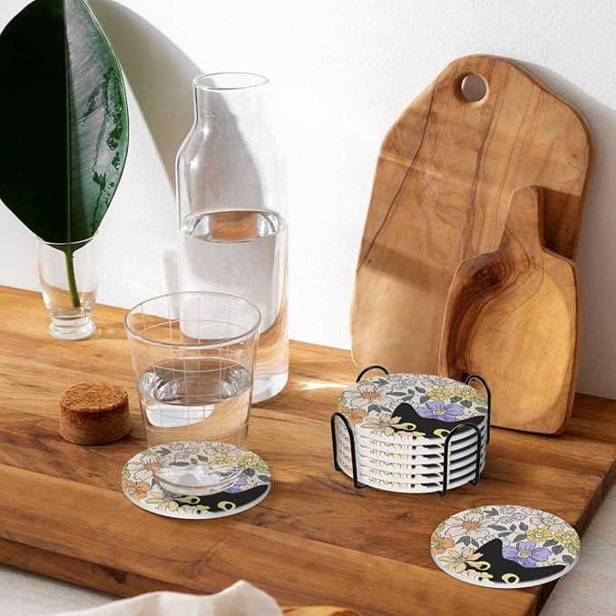 Fun Black Cute Boho Cat 6 Pcs Ceramic Coaster Set with Holder/Cork Chic Funny Animal Unique Girly Flowers Absorbent Round Cup Drink Coasters Set for Modern Coffee Table Bar Wine Beer Protect