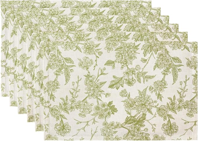 QiyI Boho Placemats Set of 6, 12x18 Inch Linen Fabric Floral Place Mats for Kitchen Dinning, Farmhouse Rustic Cloth Table Mats, Washable Placemat Party Table Décor, Green Botanical Art