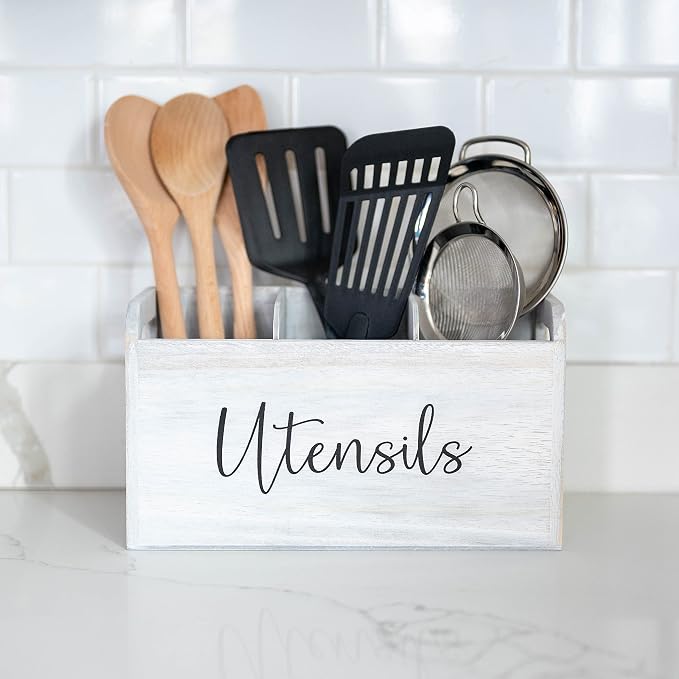 White Kitchen Utensil Holder for Countertop – Large 3-Compartment Cooking Utensil Organizer & Caddy with Drain Holes, Modern Wood Utensil Holder for Kitchen Counter, Spatula & Spoon Storage