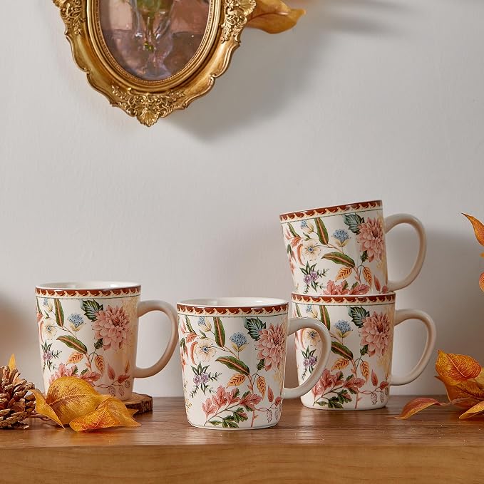 Bico Blooming Moment Ceramic Coffee Mugs Set of 4, 18 oz Large Tea Cups with Handle, Aesthetic Latte Mugs for Cappuccino Cocoa, Lead-Free, Dishwasher and Microwave Safe, Housewarming Gift