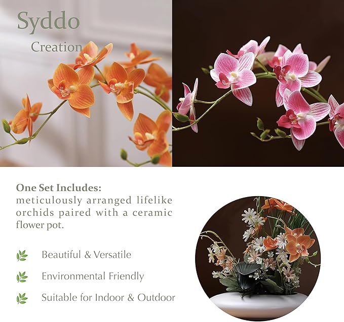 SYDDOL 17" Artificial Orchids in Ceramic Pot - Realistic Silk Flowers with Vase for Home Decor (Pink + White)