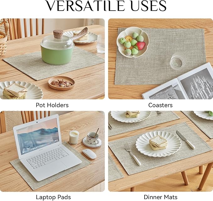 Softalker Faux Linen Placemats Set of 8-12 x 18 Inch, Heat Resistant Double Layered Durable Burlap Farmhouse Place Mats, Non-Slip Washable Rustic Table Mats for Dining, Kitchen, Party（Beige