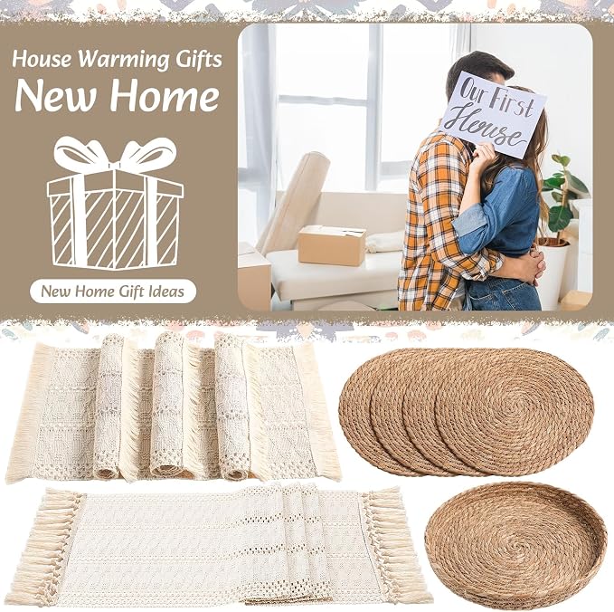 Boho Placemats 4/6/8 Set of Round Woven Placemat Macrame Style Bicolor Stitching Long Table Runner Farmhouse Rustic Natural Burlap Cotton for Kitchen Dining Table(4 Sets,Beige,12x72)