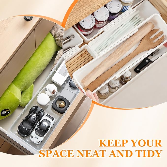 2 Pack Hanging Expandable Drawer Organizer with 2 Pack Non-Hanging Sliding Adjustable Storage Trays for Kitchen, Bathroom, Office, White