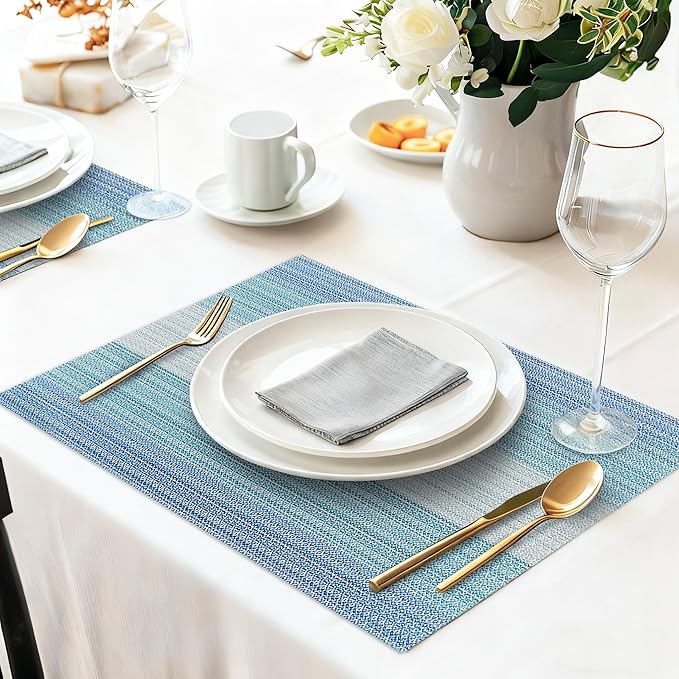 HeloHo Blue Placemats Set of 8,Vinyl Table Place Mats Stain Resistant Foldable Placemats Washable Wipeable Placemat for Kitchen Dining Table Decoration Indoor Outdoor.