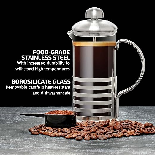 OVENTE French Press Coffee Maker 12 Ounce with Heat Resistant Borosilicate Glass, Stainless Steel Design and 4-Level Filter System, Portable Cold Brewer Pot for Travel, Camping or Gift, Silver FSH12S