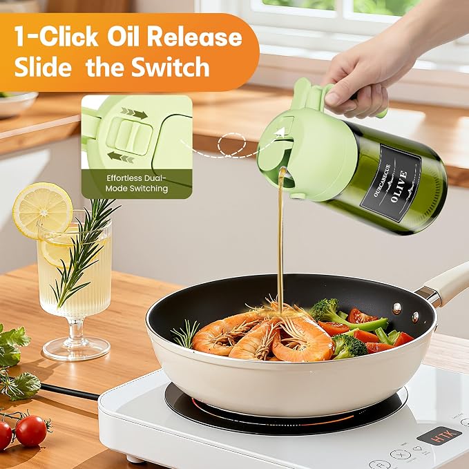 OURCABECUE 2 in 1 Olive Oil Sprayer for Cooking, 16oz/470ml Olive Oil Dispenser Bottle for Kitchen, Light-Blocking Dark Glass Oil Bottle, Food-Grade Oil Mister with 8 Oil Stickers (Green Bottle-Cap)