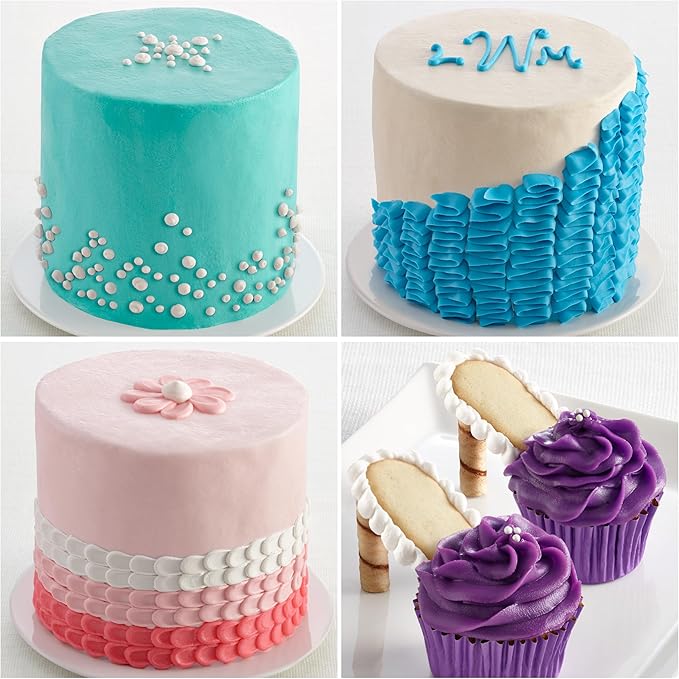 Cake Mate Decorating Bags and Tips Set – 12 Disposable 12-Inch Piping Bags with 8 Metal Tips for Cake, Cupcake, and Cookie Decorating – Includes Round, Star, Leaf, Petal, and Ruffle Designs