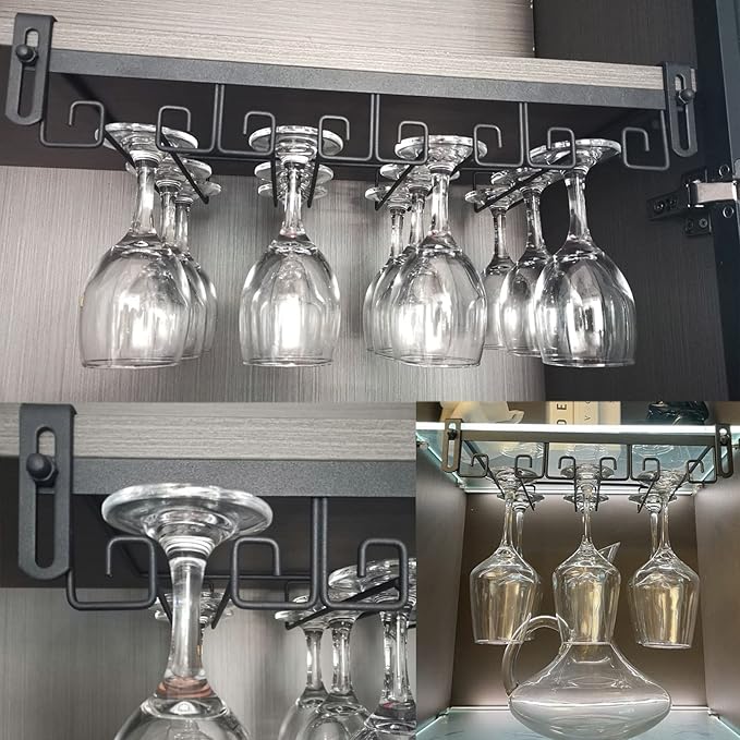 Hanging Wine Glass Rack Black Adjustable, Solid Iron Wine Glasses Hanger, Metal Under Cabinet Stemware Rack 3 Rows, 4 Rows, Convenient Storage And Space-saving