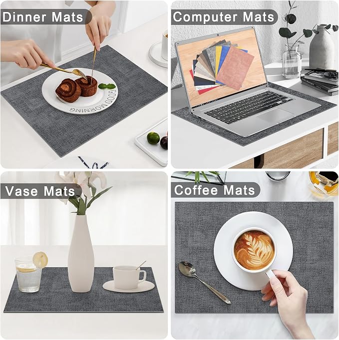 Homaxy Faux Leather Heat Resistant Placemats for Dining Table Set of 8, Waterproof Wipeable Washable PU Table Mats, Easy to Clean Anti-Slip Place Mats, 11.8" x 17", Dark Grey
