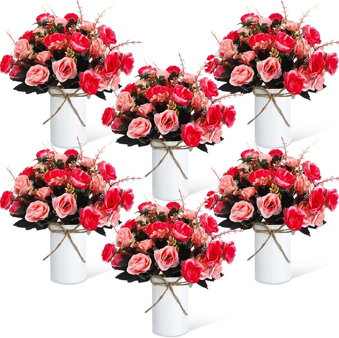 Domensi 6 Sets Wedding Centerpiece for Table Artificial Rose with Vase Fake Bouquets and Metal Pot Flower Arrangements for Bridal Shower Birthday Party Event Table Decor (Rose Red)