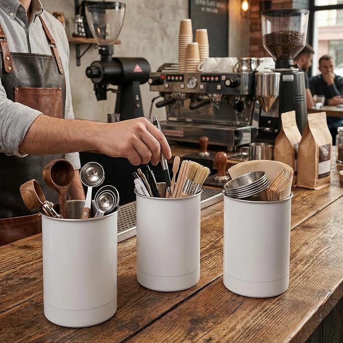KSENDALO Stainless Steel Utensil Holder Set of 3 - 6.6* 5inch Round Kitchen Caddy, Crock, and Organizer for Cooking Spoons, Silverware, and Spatulas - Stylish Metal Container for Countertop, White | White Painted Stainless, Heavier Base, 6.6 inchTall, ...