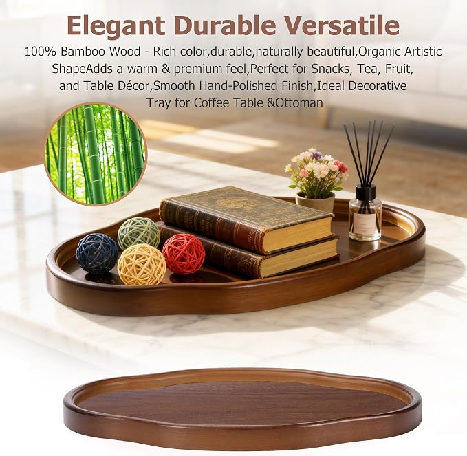 Bamboo Wood Serving Tray, 14.57 Inch Irregular Decorative Serving Trays Platters for Home,Party,Coffee Table,Dining Table & Countertop