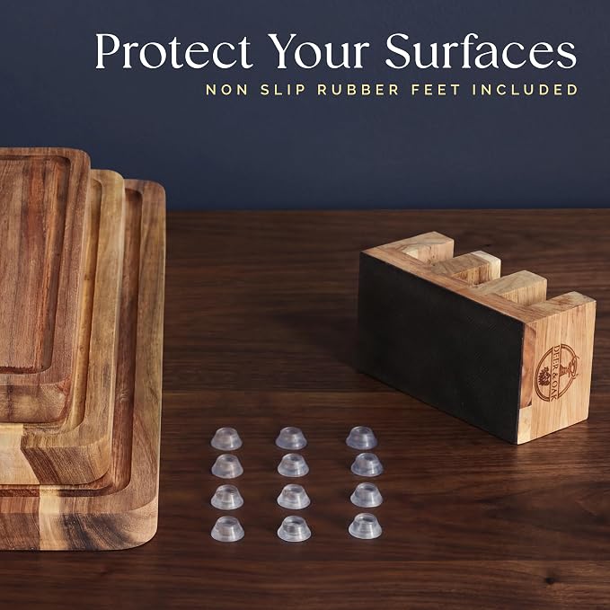 Pre-Oiled, Non Toxic 3-Piece Acacia Cutting Board Set with Stand, FSC Certified Wooden Chopping Boards, Includes 3.4 fl oz Chopping Board Oil, 3 Wood Carving Boards for Home, BBQ Kitchen, Deer & Oak