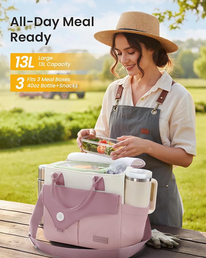 LOVEVOOK Insulated Lunch Bag for Women, Wide Opening Leakproof Cooler Bag with Cup Holder and Shoulder Strap, Adult Large Pink Lunch Box for Work Picnic