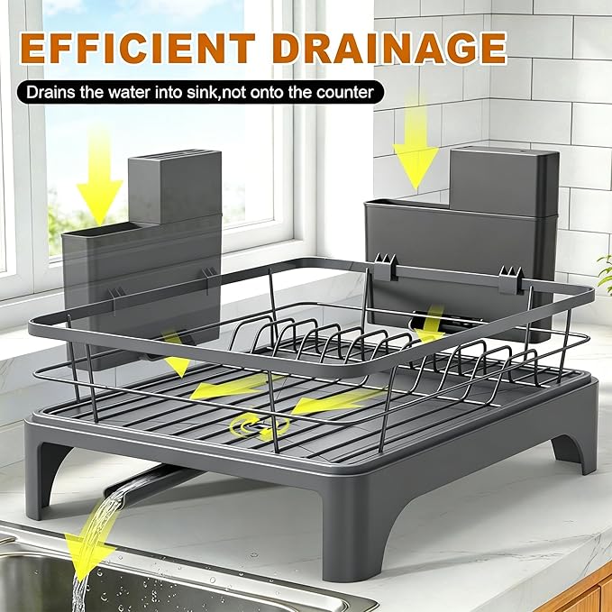 Dish Drying Rack for Kitchen Counter, Dish Rack, Dish Drainer for Kitchen with Built-in Drain, Stainless Steel Sink Organization and Storage Essentials with Cutlery Holder (17" x 13.4", Gray)