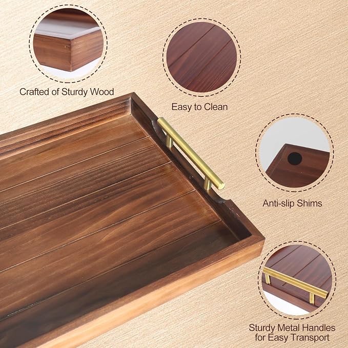 SXNOWS Ottoman Tray, Large Wooden Serving Tray with 2 Sets of Handles for Coffee Table, Rustic Living Room Kitchen Decor, 4 Round Coasters Included, Dark Brown
