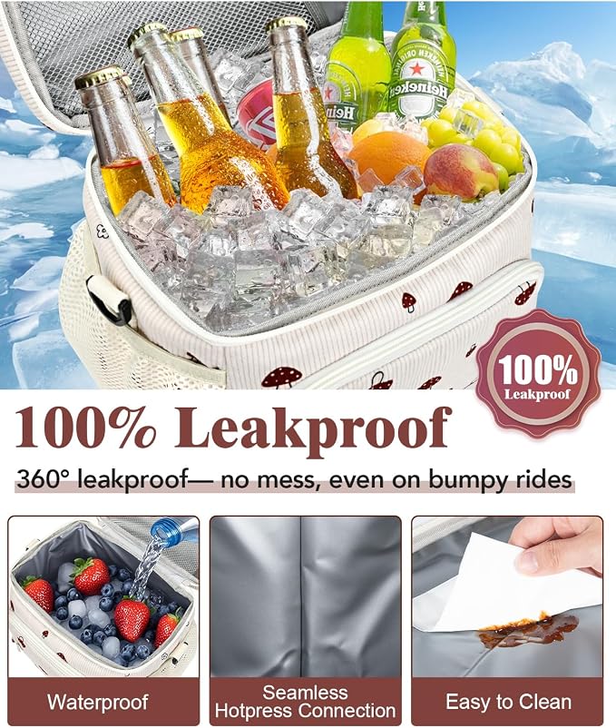 Insulated Lunch Bag for Men & Women, 9L Leakproof Lunch Box Soft Cooler Tote with 5 Pockets, 600D Oxford, EVA Lining, Adjustable Strap for Work, Picnic, Beach&Travel-Corduroy Mushroom
