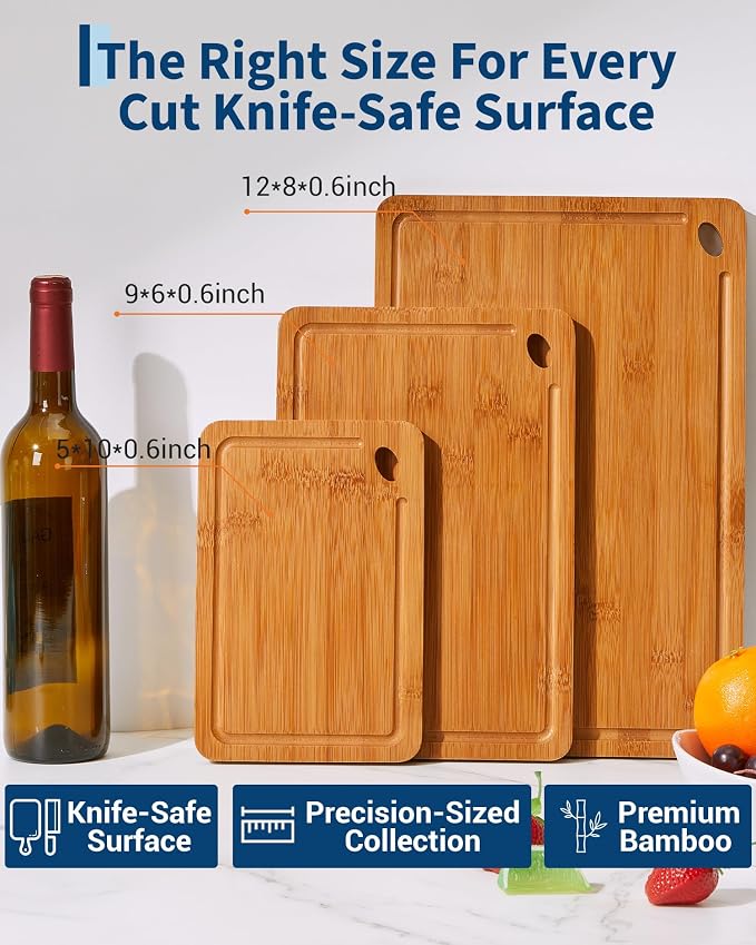 Garvee Deep-Carbonized Bamboo Cutting Board Set of 3 - cutting board set with Handle, Bamboo Cutting Boards for Kitchen, Heavy Duty chopping board with deep juicy groove 15x10, 12x8, 9x6 inch