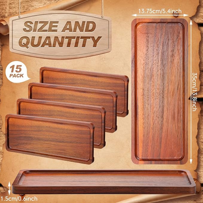 Skylety 15 Pack Solid Wood Serving Tray Large Acacia Party Server Platter Rectangular Charcuterie Board with Grooved Handle for Home kitchen Cheese Appetizer Farmhouse Table Supplies (13.8 x 5.4 Inch)