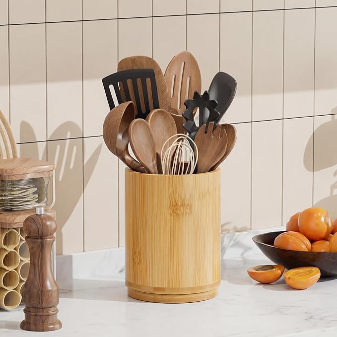 ZUJJAFY Bamboo Utensil Holder, 360° Rotating Kitchen Utensil Holder for Counter, 7.2" Large Cooking Utensil Crock for Countertop, Utensils Organizer for Cooking Spatula Storage