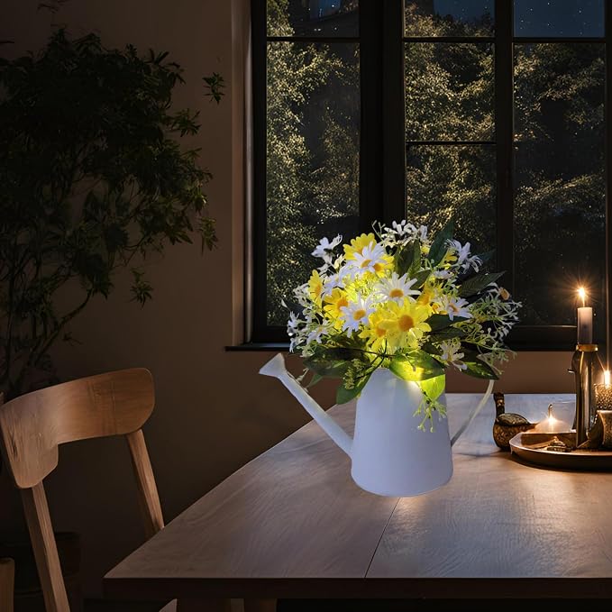 Eksen Artificial Daisy Flowers in Metal Pot with LED Lights & Timer – Silk Flower Arrangement, Faux Floral Table Centerpiece Decoration for Dining Room, Farmhouse, Home, Kitchen, Office,Spring Décor