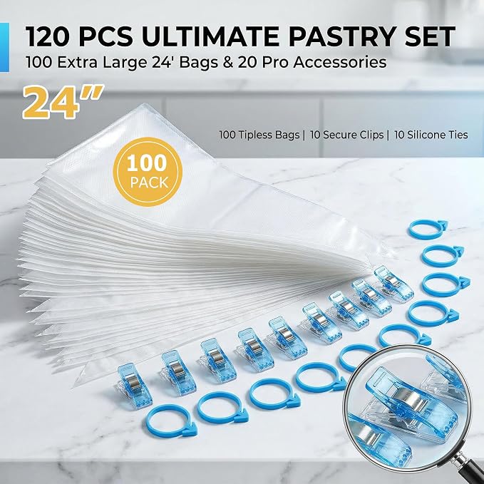100 Pieces Extra Large Tipless Piping Bags,24 Inch Big Disposable Pastry Bags with 10 Pastry Bag Ties,10 Clips Cake Decorating Bags for Decorating Cupcakes Cakes Cookies