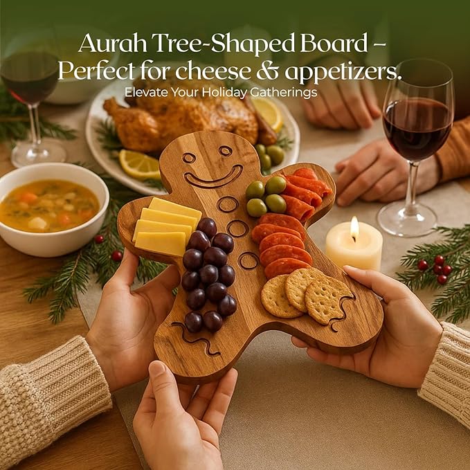 Aurah Gingerbread Shaped Acacia Wood Cutting Board for Kitchen Decorative - Wooden Charcuterie Serving Platter Snack, Fruit & Cheese - Housewarming, Wedding Gifts (13.5 x 10.5 Inch)