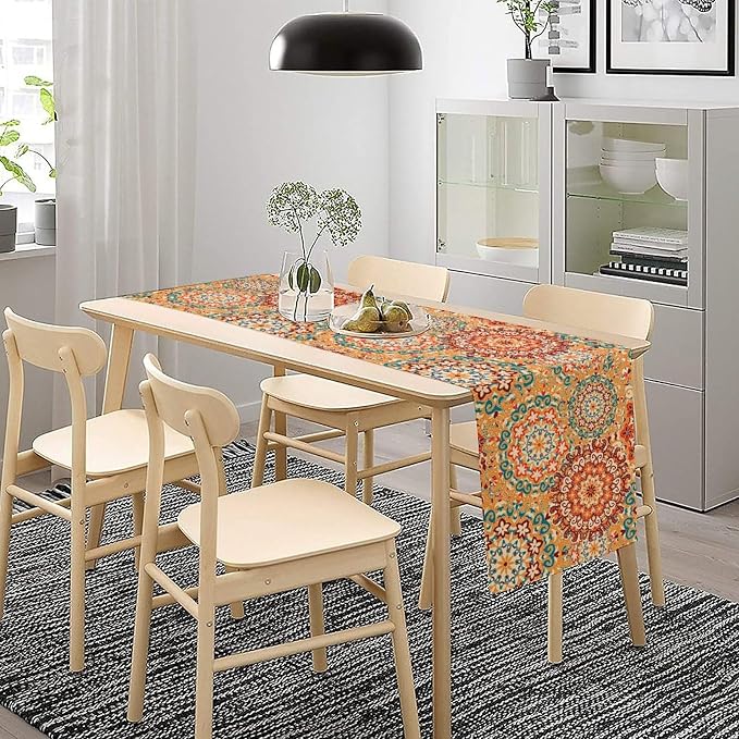 Boho Floral Table Runner, Vintage Rustic Orange Abstract Hippy Geometric Mandala Flower Table Decor Table Top Dining Kitchen Wedding Party 13x90 Inch
