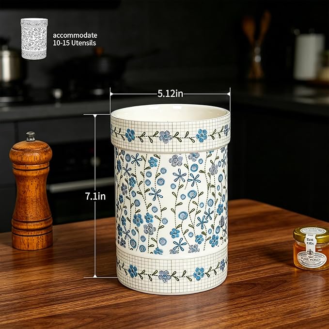Ceramic Utensil Holder for Counter,Utensil Crock with Blue Floral Pattern for Countertop,Kitchen Organizer for Spoons,Whisks,Spatulas,Farmhouse Kitchen Decorative Accessories