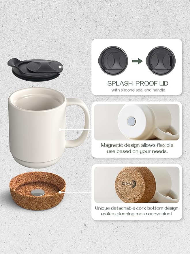 DOWAN Coffee Mugs Set of 2, 15 OZ Ceramic Mug with Cork Bottom and Splash Proof Lid, Large Coffee Cup with Handle for Tea Latte, Beige