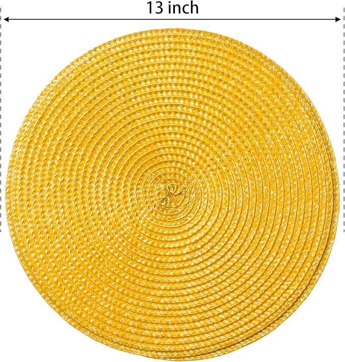 FunWheat Round Braided Placemats Set of 8 Place Mats for Dining Tables Woven Washable Non-Slip Table mats Small 13 inch(S Yellow, 8pcs)
