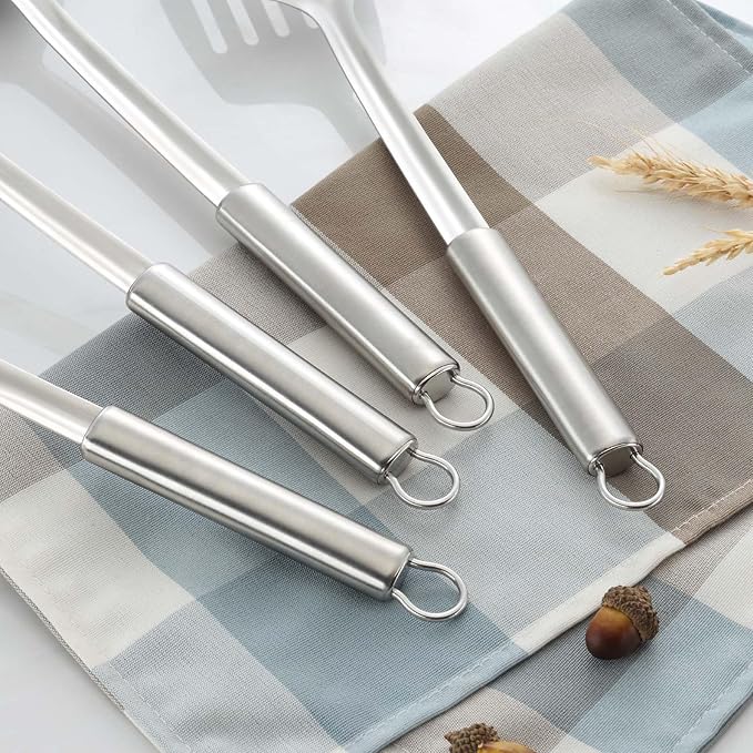 Pleafind Cooking Utensils Set - 4 Pcs Stainless Steel Kitchen Utensils, Wok Utensils Set Includes Spatula, Slotted Spatula, Ladle, Slotted Spoon, Ergonomic Handle & Heat Resistant, Dishwasher Safe