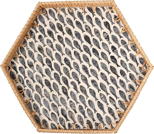 Hexagon Rattan Tray with Mother of Pearl Inlay, Rattan Serving Tray for Coffee, Bread, Fruits, Snacks, Decorative Wicker Tray for Table Decor, Home Decor (Black Fish, 14.5"×12.8")