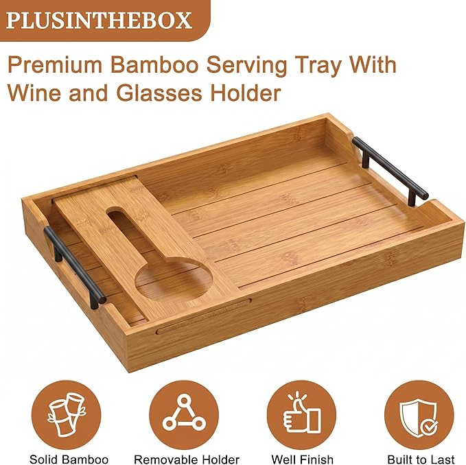 Serving Tray with Wine Glass Holder, Charcuterie Snack Tray with Handles for Wine, Cheese, Fruit and Nuts, Picnic Tray for Parties, Coffee Table and Entertaining