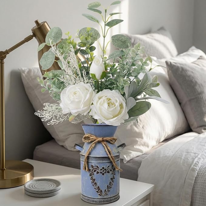 Faux Flowers in Vase 17.5" H Artificial Silk Roses Flower Fake Plants Eucalyptus Arrangement in Metal Vase Faux Silk Floral for Dining Table Centerpieces Home Office Decoration (White/Blue Vase)